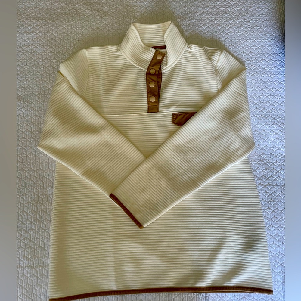 J Crew. NWOT 1/4 Snap pullover. Cream with tan trim